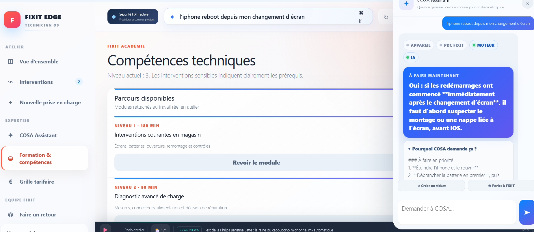 Interface de la plateforme FIXIT HUB intégrant l’assistant technique COSA